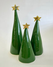 Load image into Gallery viewer, Ceramic Trees Dark Green with 22k Gold #3 Trio (4-8.5 inches)