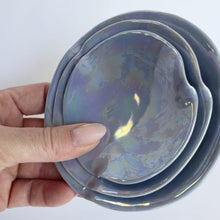 Load and play video in Gallery viewer, Ceramic Nesting Dishes Periwinkle Blue with Mother of Pearl