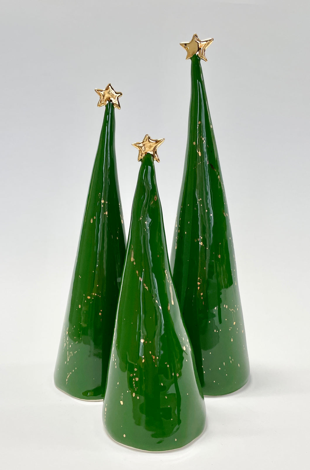 Ceramic Tree trio Dark Green and 22k Gold Splatter #4 (7.5-10 inches)