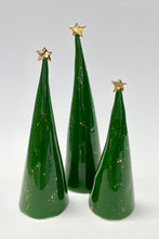 Load image into Gallery viewer, Ceramic Tree trio Dark Green and 22k Gold Splatter #4 (7.5-10 inches)
