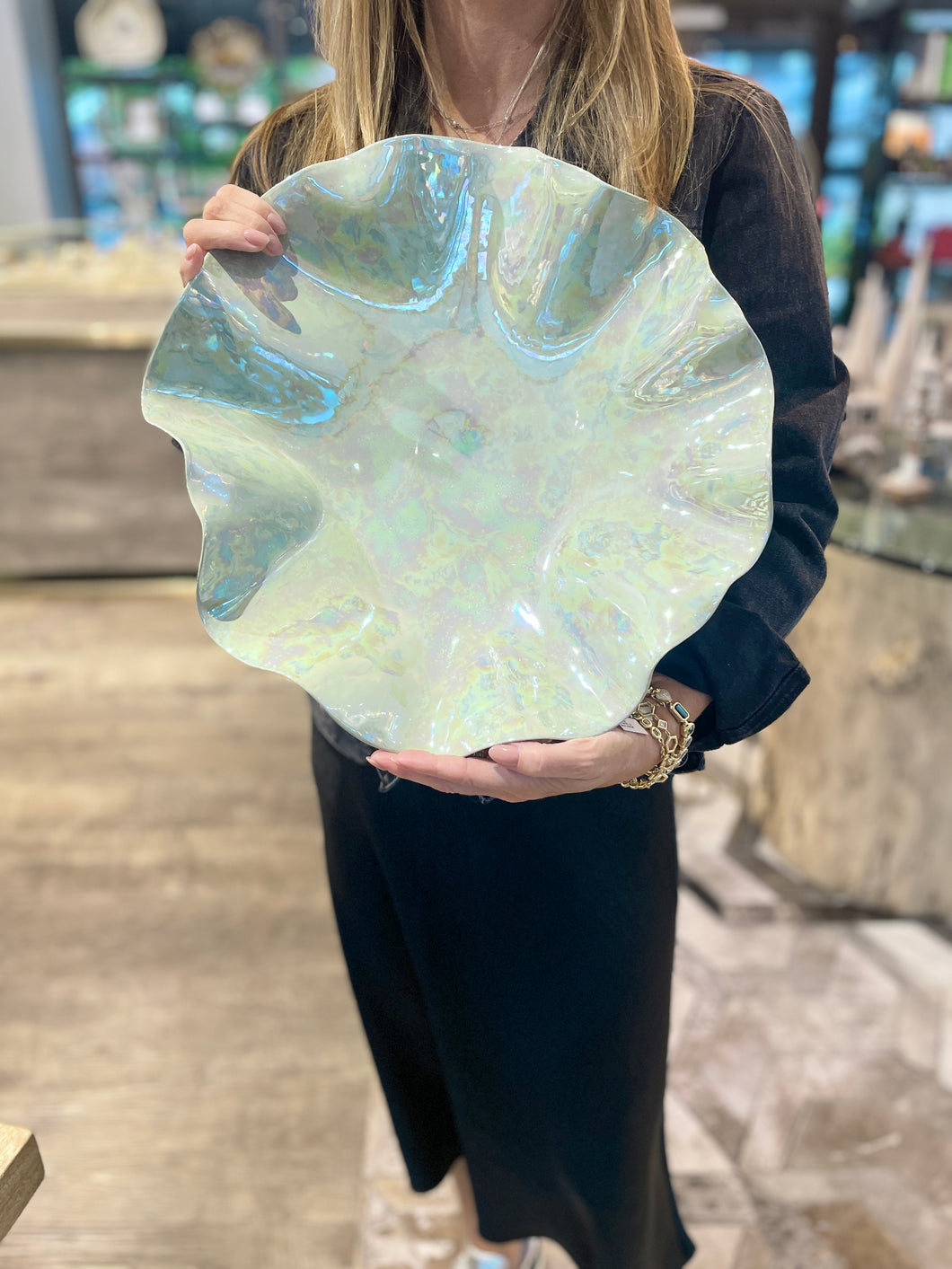 Ceramic Bowl Large Sage Green with Mother of Pearl luster