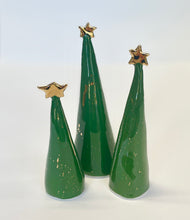 Load image into Gallery viewer, Ceramic Tree trio Dark Green with 22k Gold Splatter (4-6 inches)
