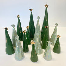 Load image into Gallery viewer, Ceramic Tree trio Dark Green and 22k Gold Splatter #4 (7.5-10 inches)
