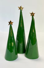 Load image into Gallery viewer, Ceramic Tree trio Dark Green and 22k Gold Splatter #4 (7.5-10 inches)
