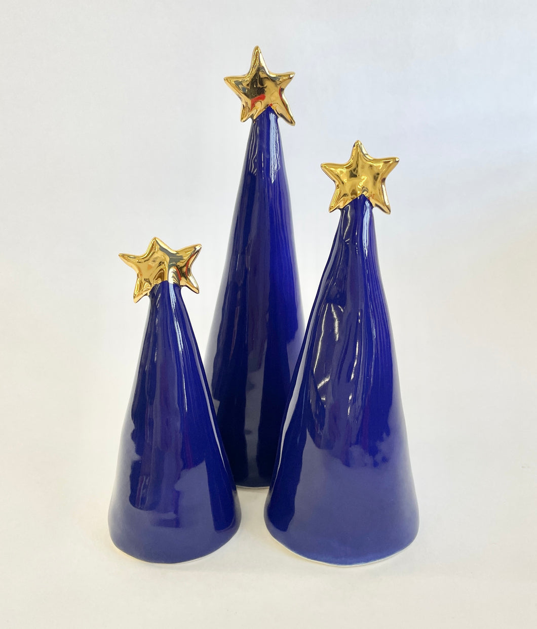 Ceramic Trees Trio Blue with 22k Gold #2 (4.5-6.5 inches)